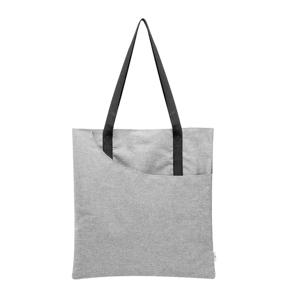 Heather gray recycled PET tote bag with black handles and a curved front slip pocket