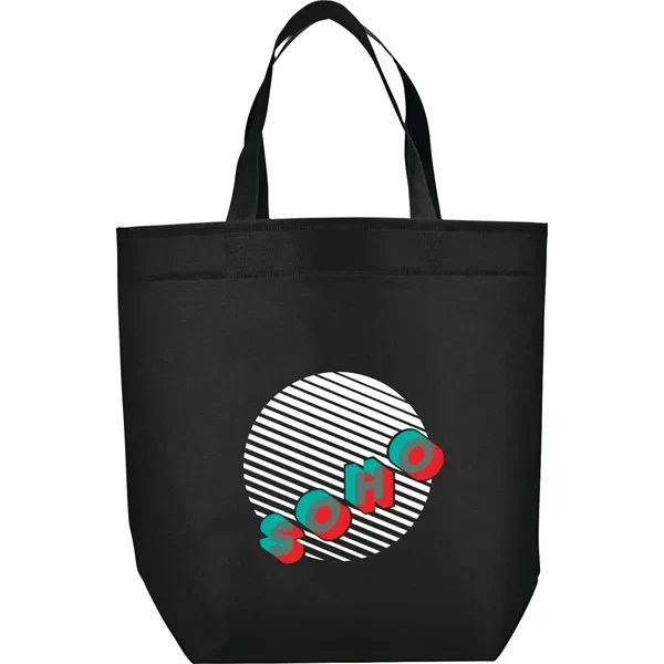 Black non-woven polypropylene shopper tote bag with a white and teal sample SOHO logo screen printed on the front