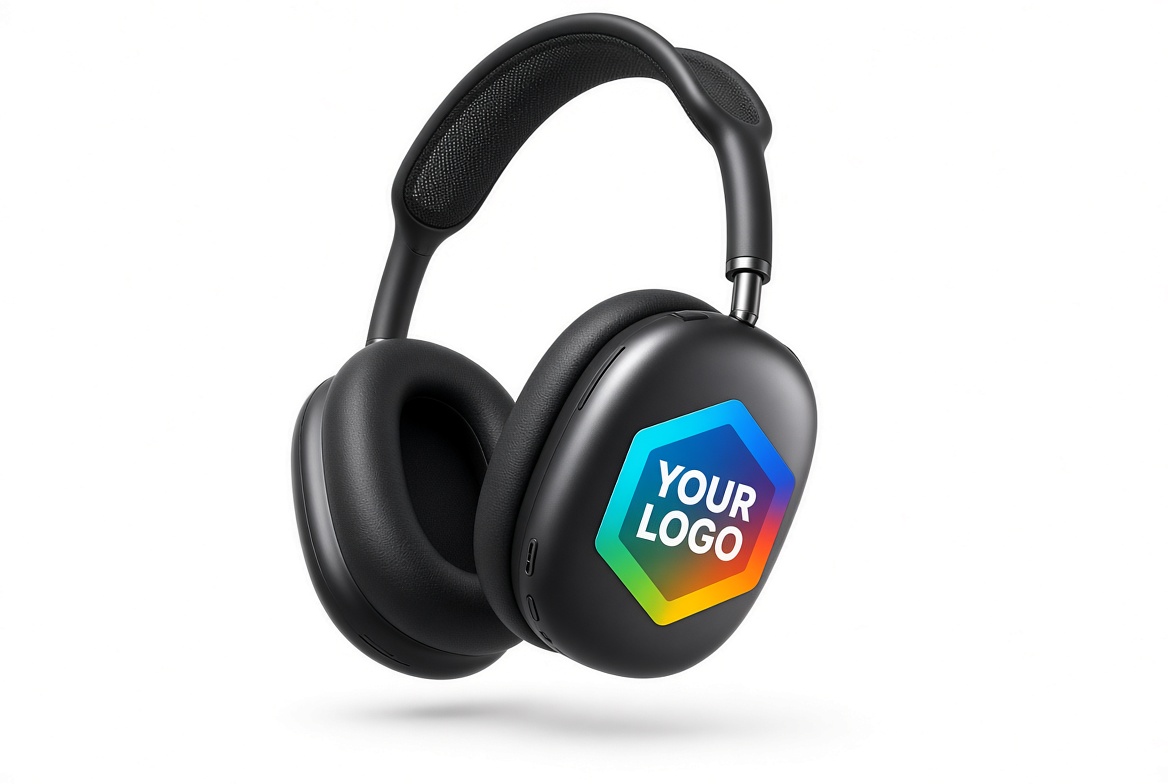 Black AirPods Max headphones with a full-color hexagon logo printed on the outer ear cup