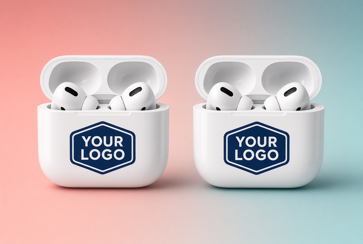 Two open white AirPods Pro cases, each printed with a navy hexagon logo, on a pink and teal background