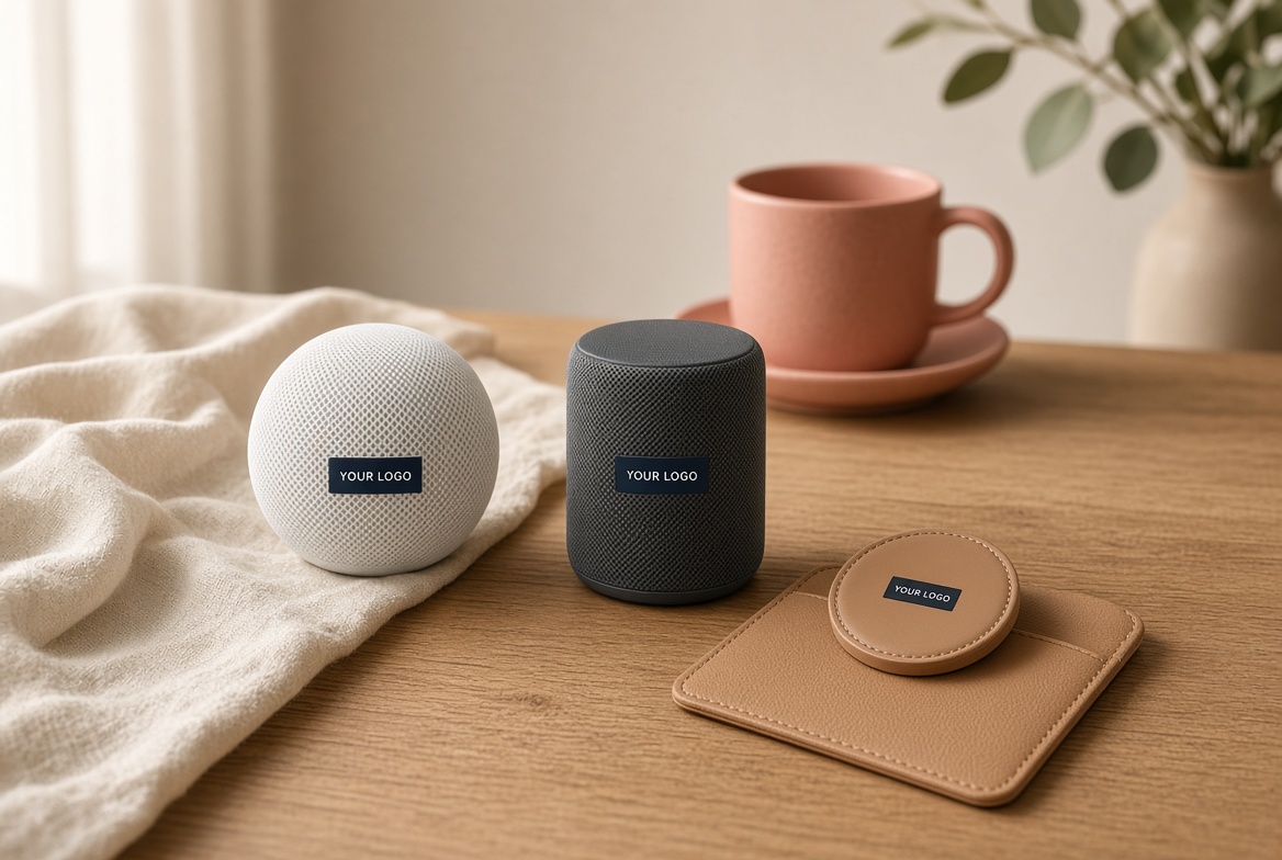 White HomePod mini and dark gray HomePod with logo labels beside a tan leather tag holder on a wooden table