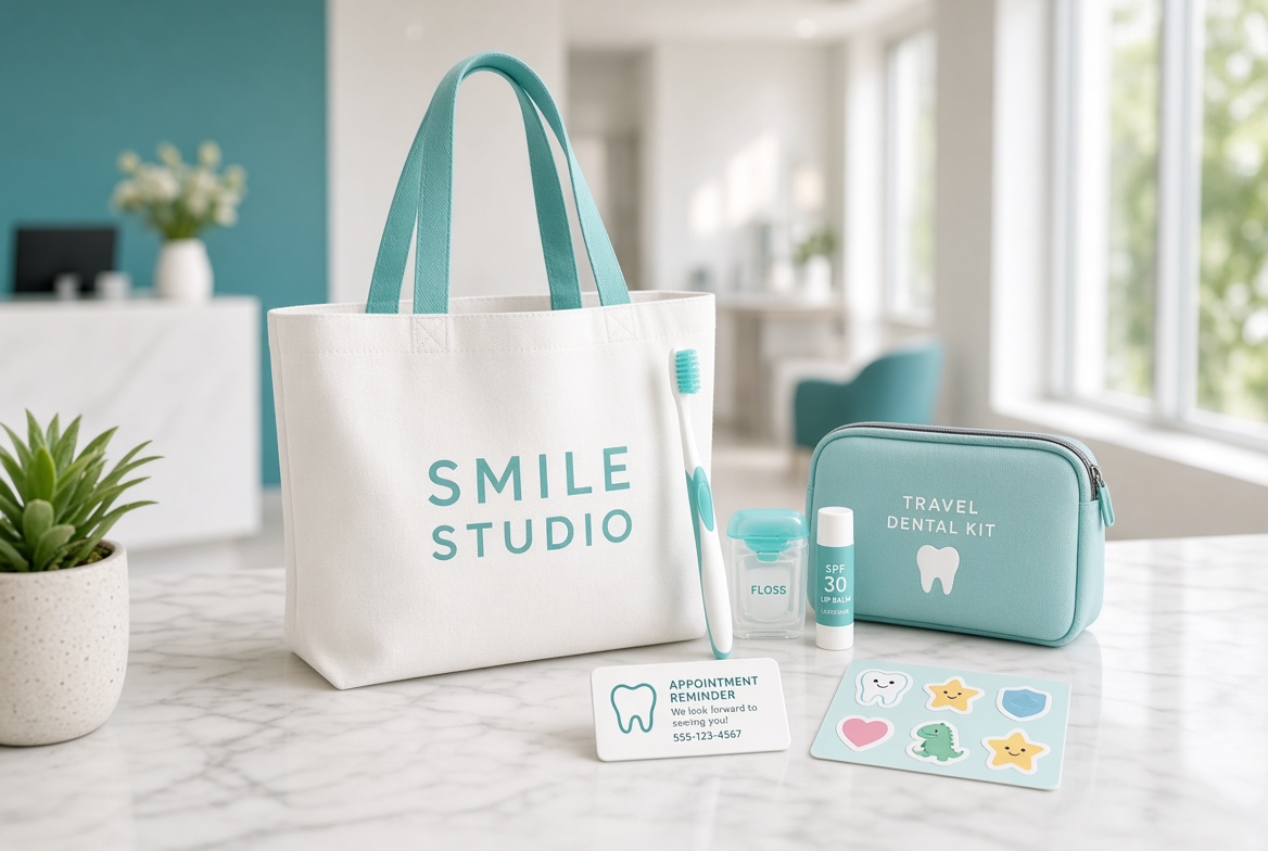 Smile Studio canvas tote with a toothbrush, floss, SPF 30 lip balm, travel dental kit and tooth stickers on a counter