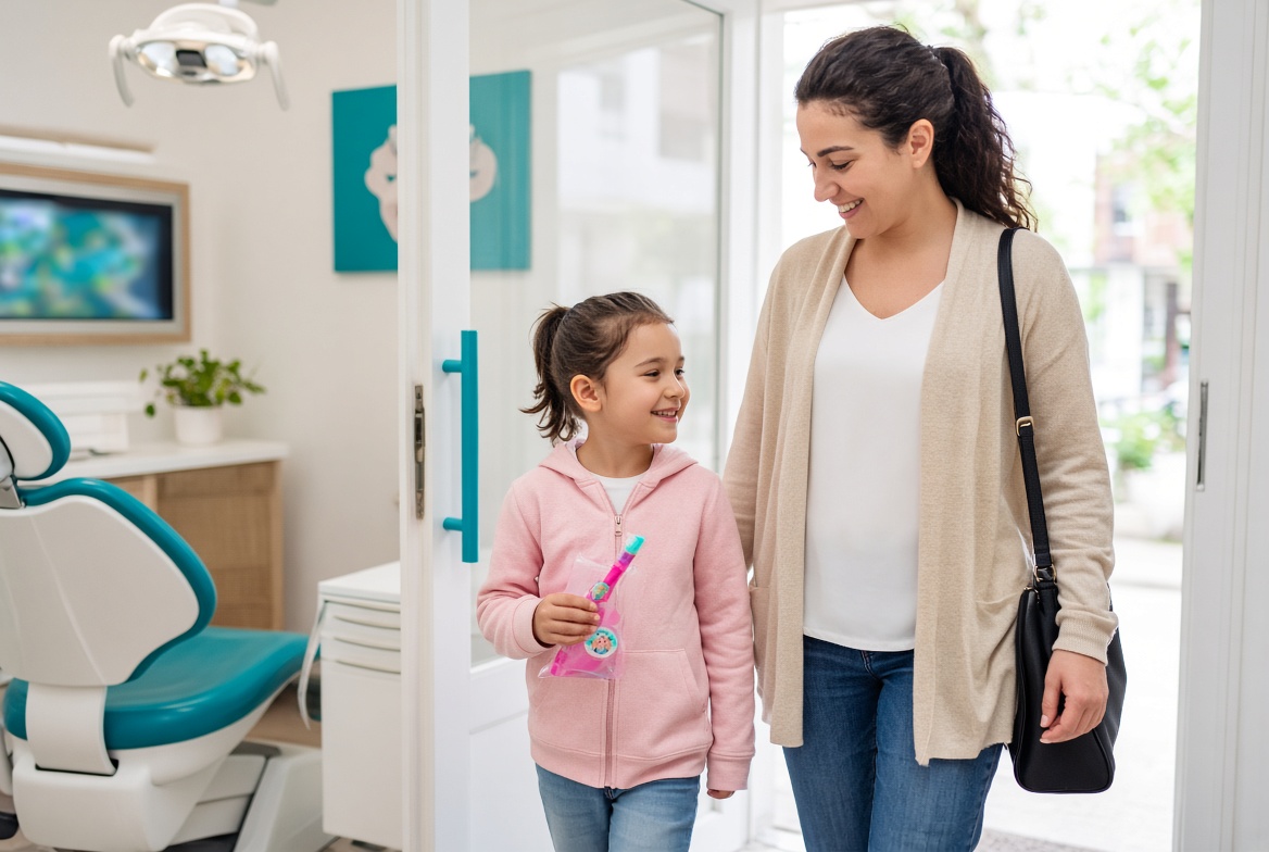 Smiling girl in a pink hoodie leaves a dental office with her mom, holding a new toothbrush in a branded pouch