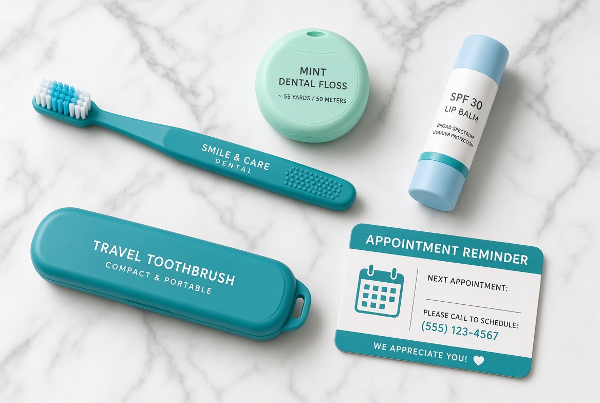 Teal branded toothbrush, travel toothbrush case, mint floss, SPF 30 lip balm and an appointment reminder card on marble