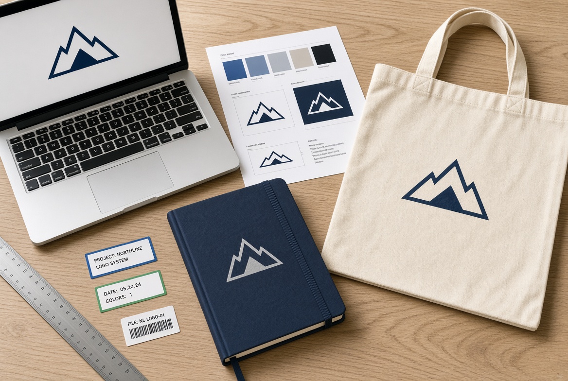 Navy mountain logo on a laptop screen, a brand sheet, a navy notebook and a canvas tote, with artwork file labels