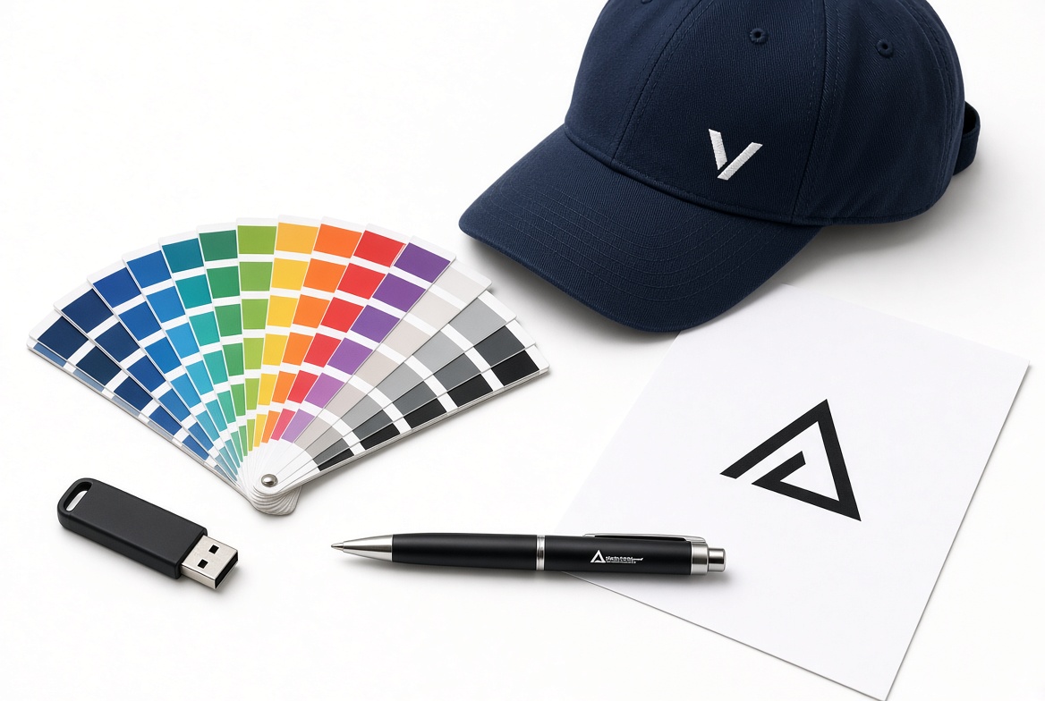 Color fan deck next to a navy cap with a white embroidered logo, a black logo pen, a USB drive and a logo printout