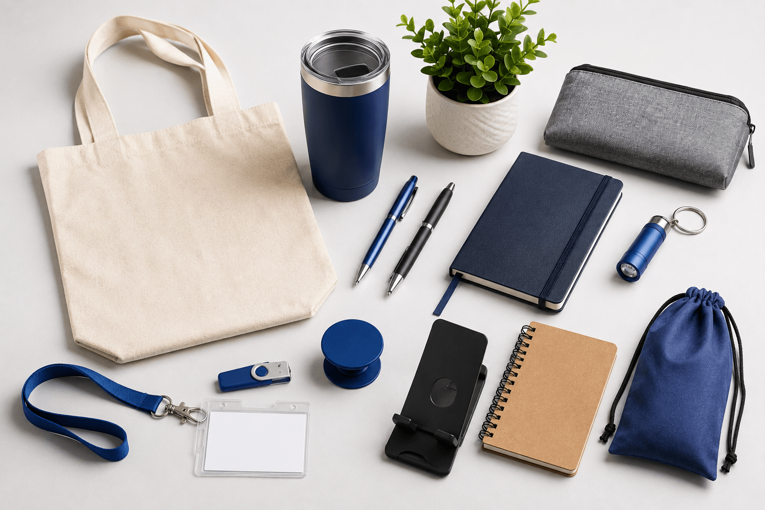 Canvas tote, navy tumbler, two pens, notebook, grey zip pouch, and blue keychain arranged on a white tabletop