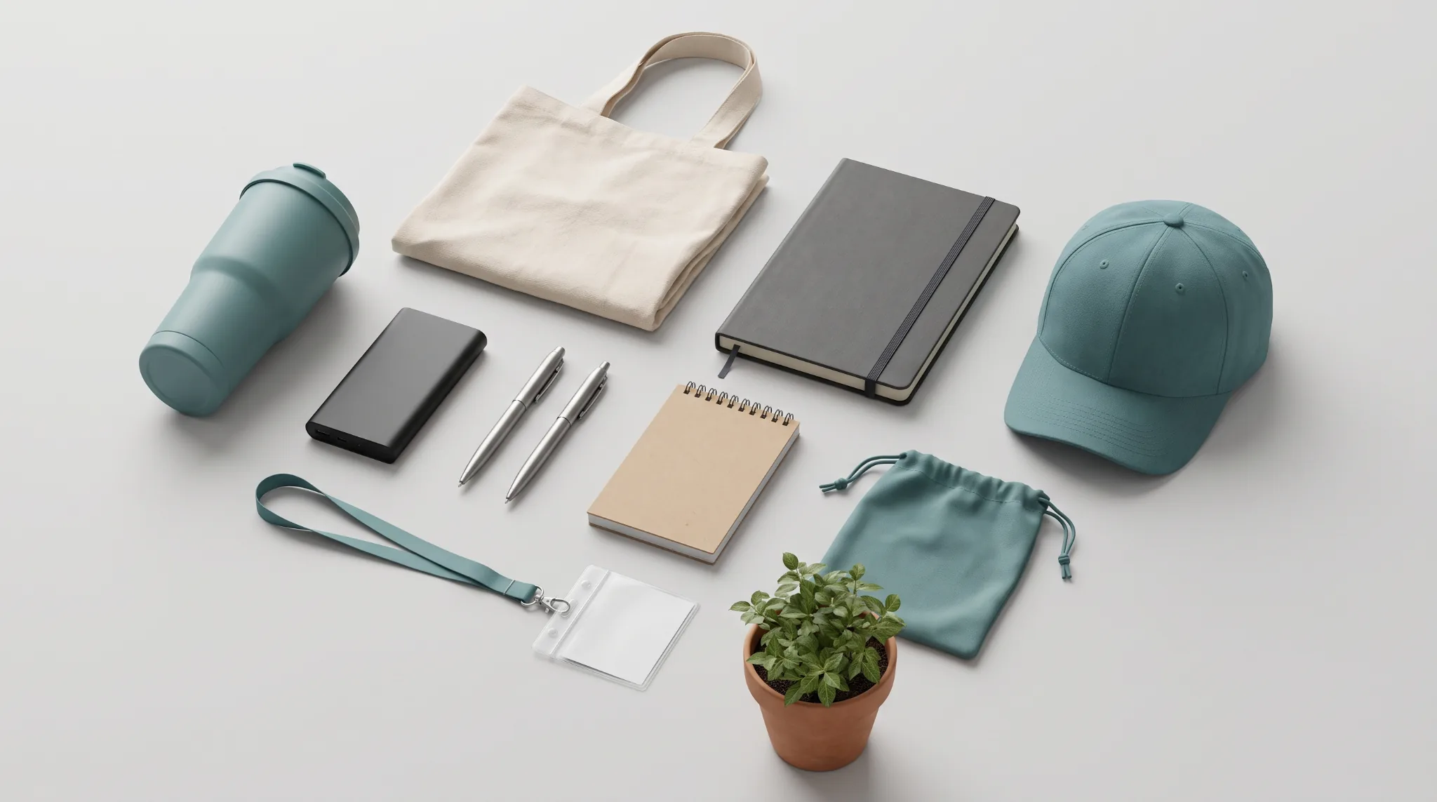 Branded tote, water bottle, backpack, tumbler and jacket arranged for a promotional products buying guide