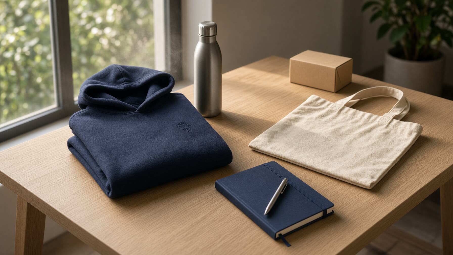 Navy hoodie, bottle, tote, and notebook with restrained branding arranged on a desk for an employee company store