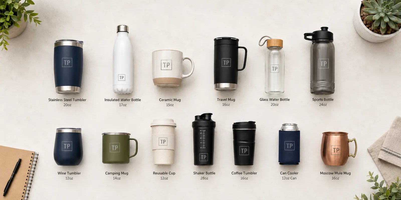 Promotional drinkware lineup on a desk including an insulated tumbler, water bottle, ceramic mug, and reusable cup