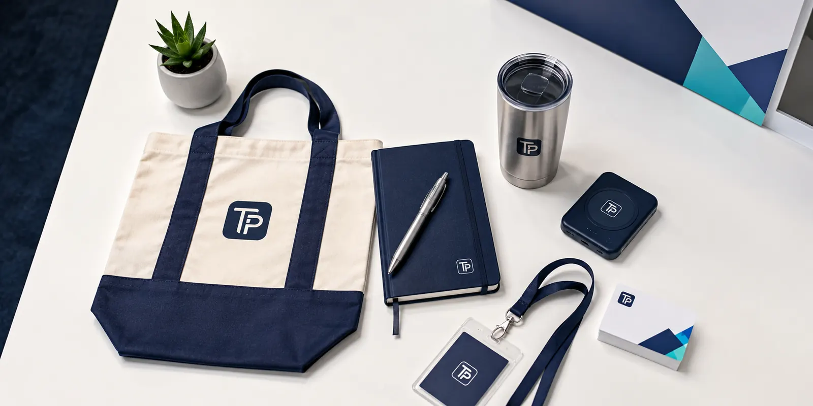Compact 2026 trade show giveaways on a booth table: pens, notebook, cable kit, bottle, and tote packed for travel