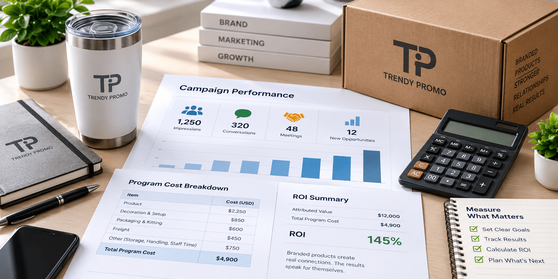 Notebook showing a promotional campaign budget, delivered-cost list, and ROI formula