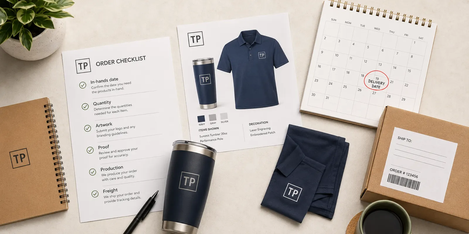 Promotional order checklist on a desk with a logo proof, tumbler sample, and shipping calendar