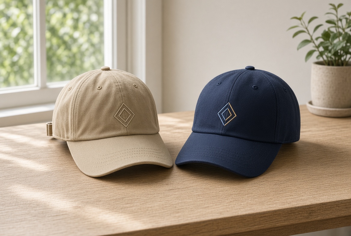 Custom embroidered baseball cap and unstructured dad hat on a wood table