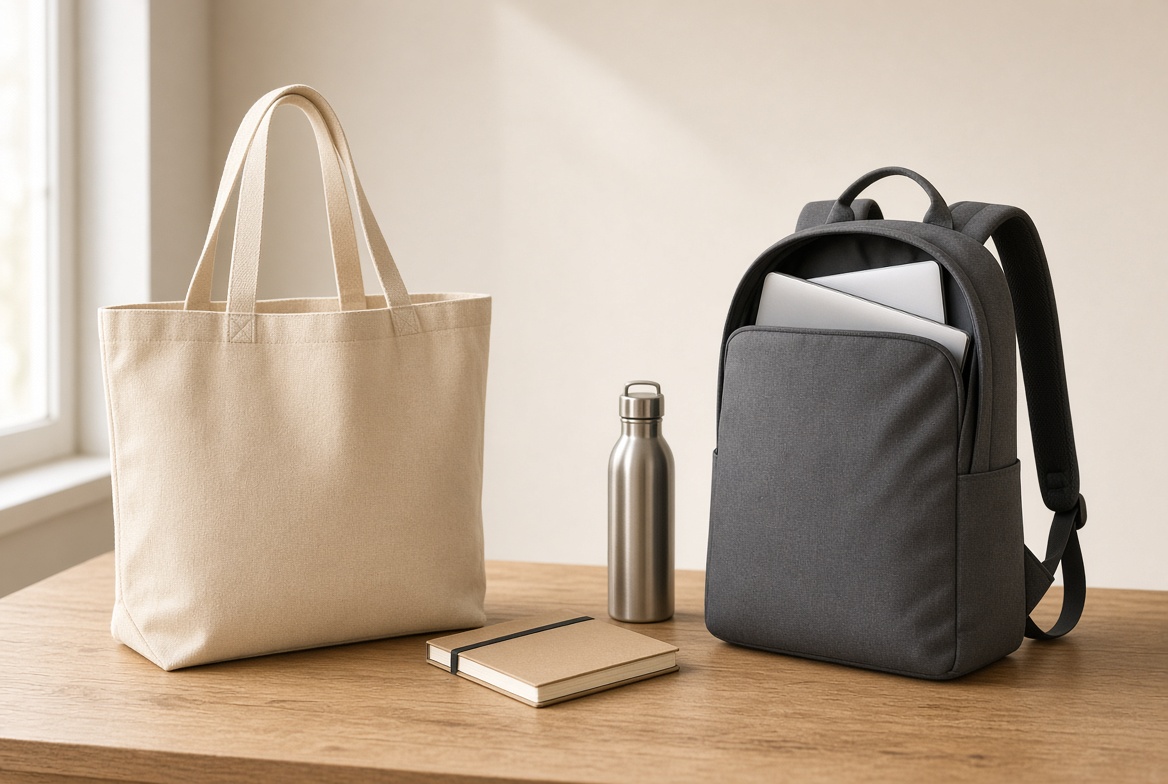Structured canvas promotional tote bag and commuter backpack with small logos on a table