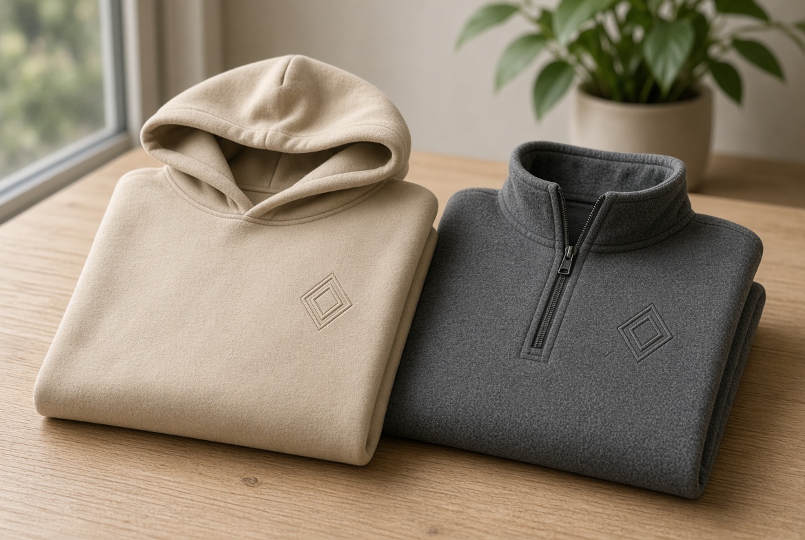 Beige custom hoodie and charcoal fleece quarter-zip folded on a wood table with a small embroidered logo
