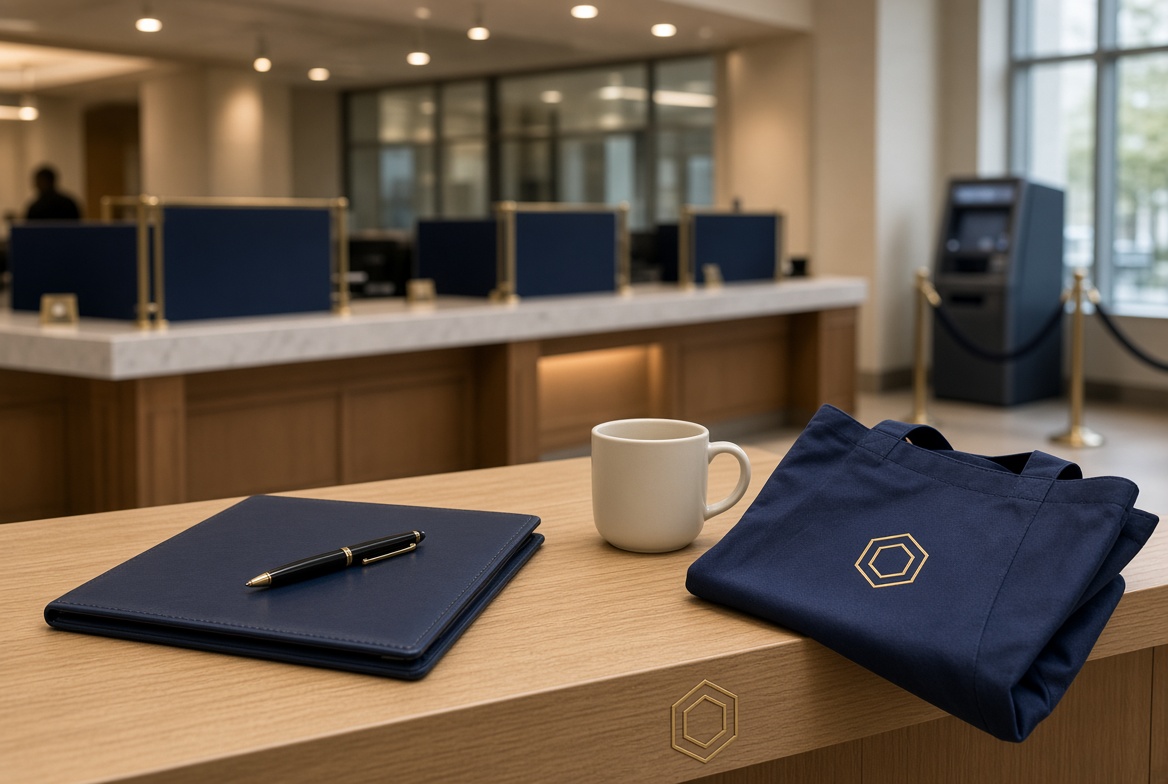 Quiet branded metal pen, ceramic mug, and compact tote on a bank conference table, Trendy Promo sample kit
