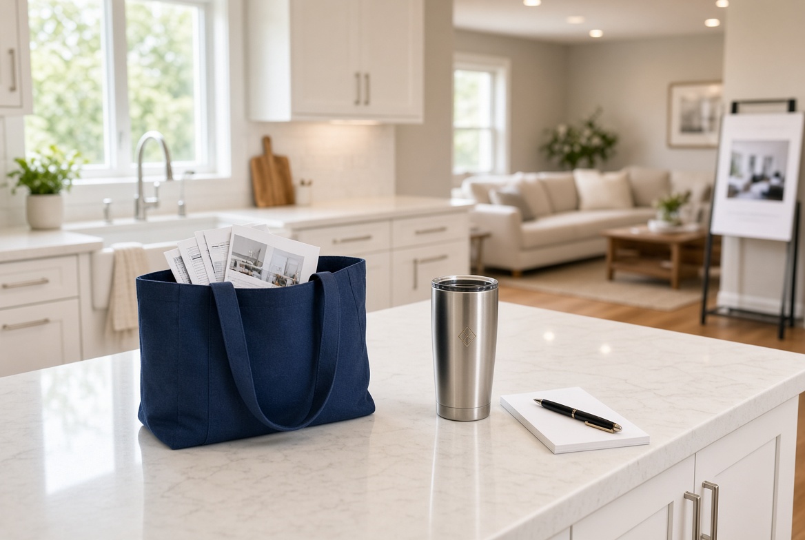 Open-house kitchen island with a navy tote of listing flyers, stainless tumbler, notepad, and pen in a staged American home