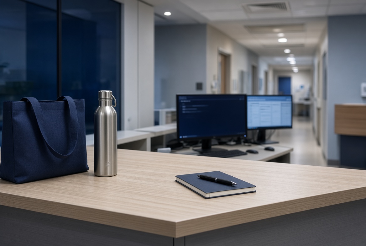 Hospital nurses station with a navy tote, stainless water bottle, notebook, and pen, with corridor and charting screens in the background