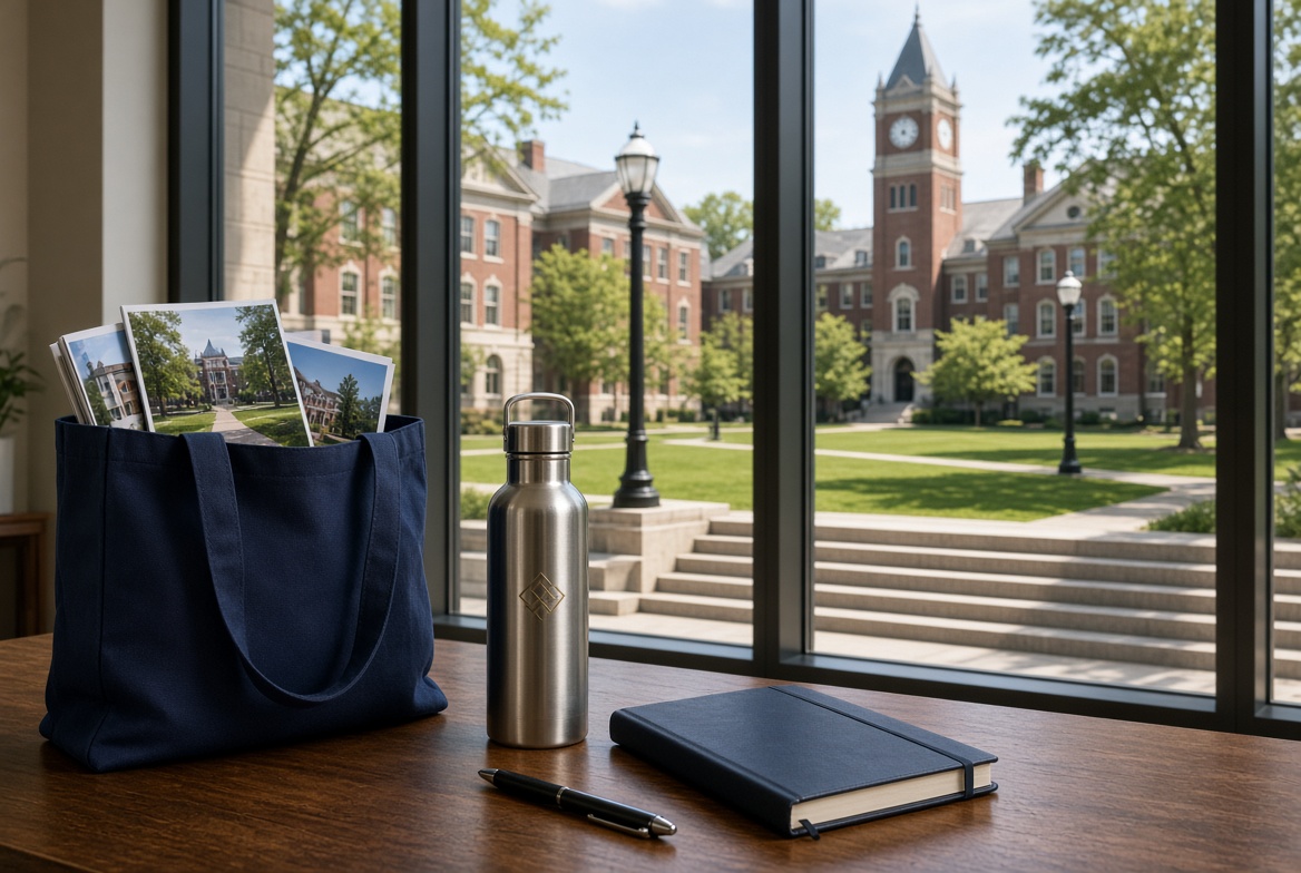 University admissions desk with a navy tote holding campus flyers, stainless water bottle, pen, and notebook overlooking a brick campus quad