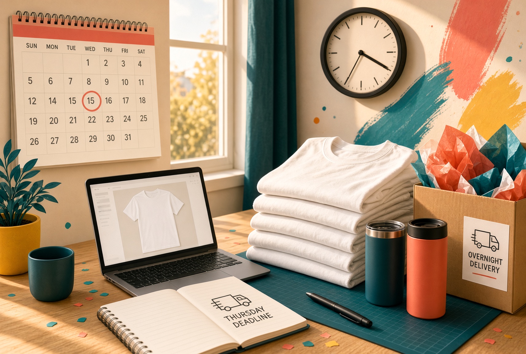 24-hour rush promotional products including custom shirts and branded merchandise for urgent event deadlines