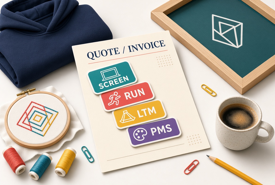 Promotional product quote showing setup fees, screen charges, run charges, digitizing fees, and other decoration costs