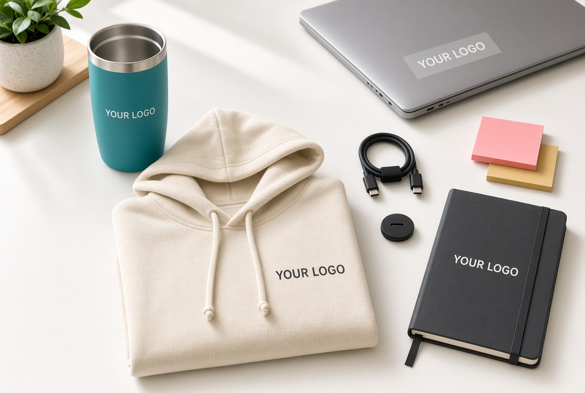 Colorful SaaS desk merch with hoodie, tumbler, notebook, cable organizer, and laptop accessories marked YOUR LOGO