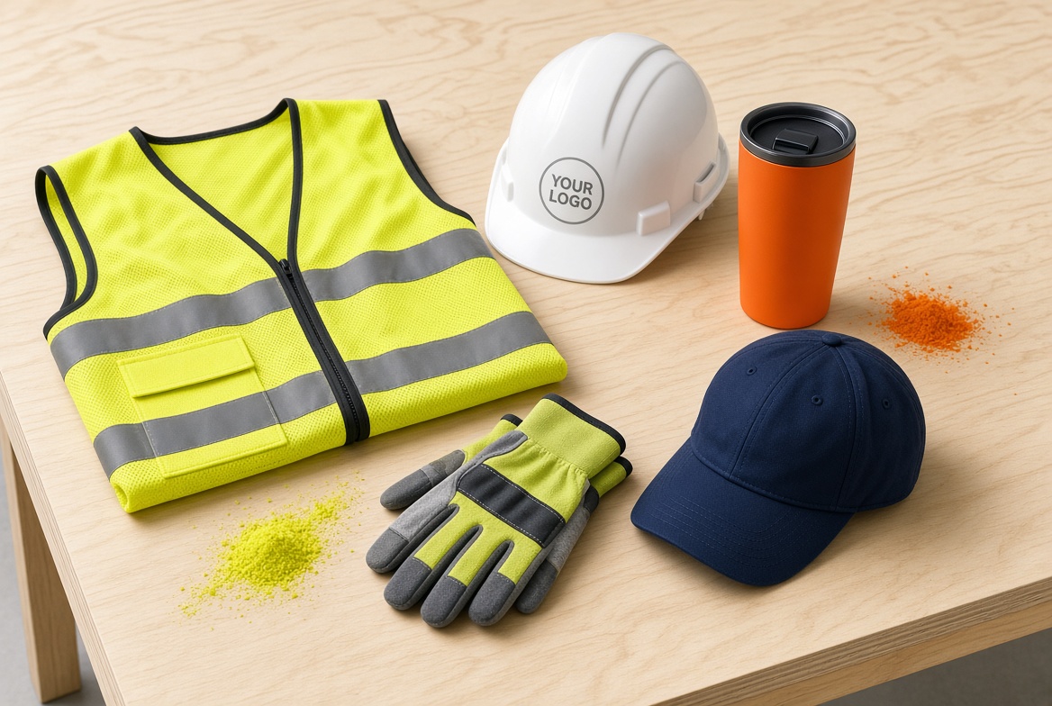 Construction branding kit with hi-vis vest, hard hat with YOUR LOGO decal, work cap, tumbler, gloves, and field notebook