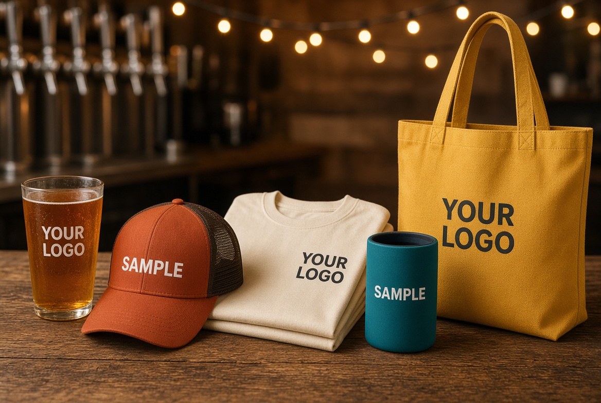 Restaurant and brewery merch display with pint glass, cap, soft T-shirt, can cooler, tote, and sticker pack marked YOUR LOGO
