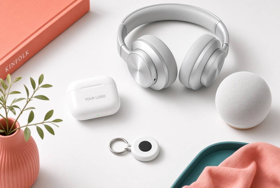 Apple corporate gifts including custom AirPods, AirPods Max, AirTags, iPads, MacBook Air, and HomePod with YOUR LOGO