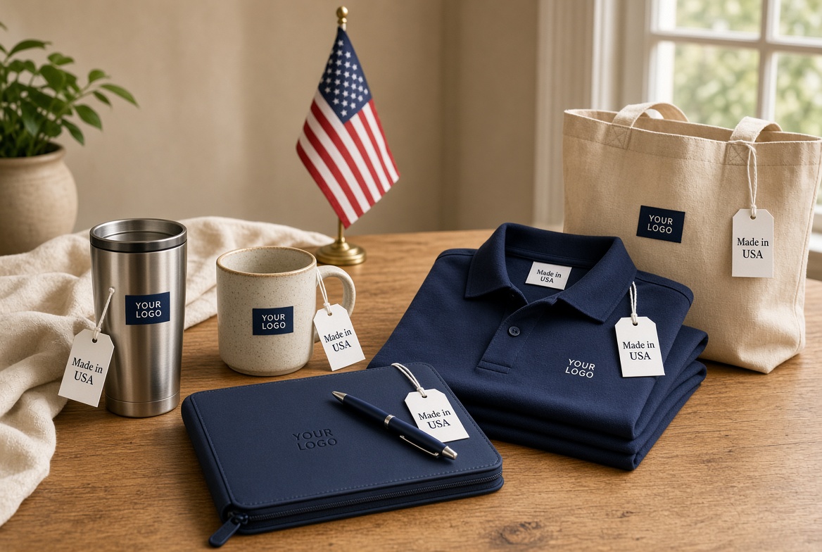 Made in USA promotional drinkware, notebooks, writing products, and apparel arranged for a corporate order