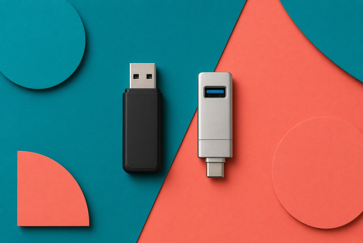 Silver USB-C flash drive with a small engraved mark on a desk beside a laptop and cable