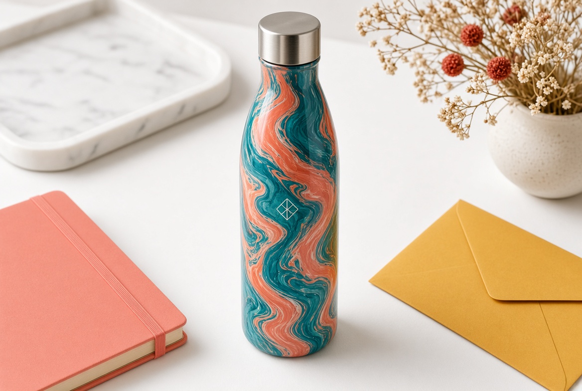 Custom stainless steel S’well bottle with an engraved company logo beside a notebook on a desk