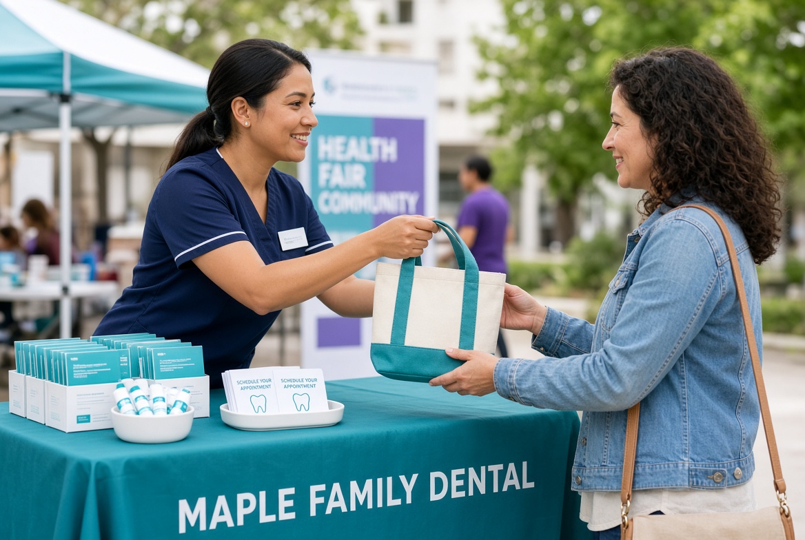 White canvas tote printed Smile Studio on a dental reception counter with toothbrush, floss, SPF lip balm, travel kit, appointment card, and kids stickers.