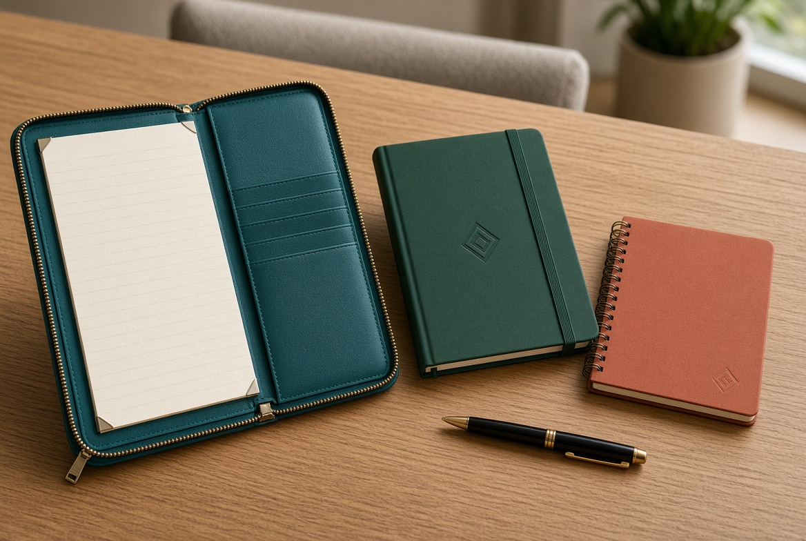 Open custom zippered padfolio, hardcover journal, and spiral notebook with small logo marks on a conference table next to a refillable pen