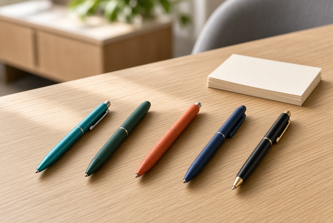 Colorful custom ballpoint, rollerball, and stylus pens arranged on a light wood conference table next to cream notepaper