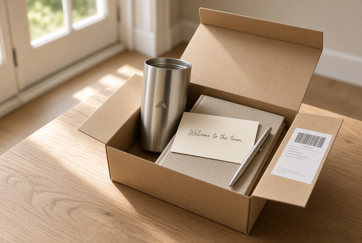 Branded welcome kit packed in a compact shipper box with a tumbler, notebook, and note card ready for home delivery