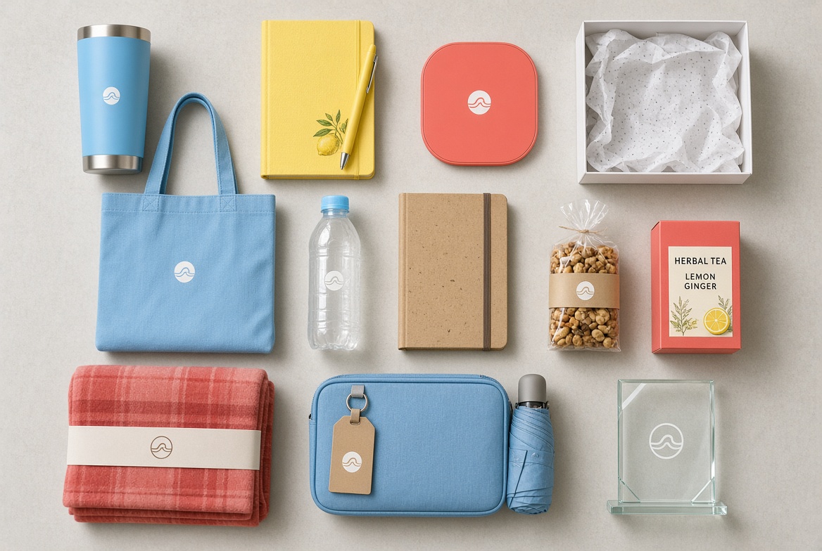 Premium client appreciation gift collection with drinkware, notebook, charging pad, tote and gift box