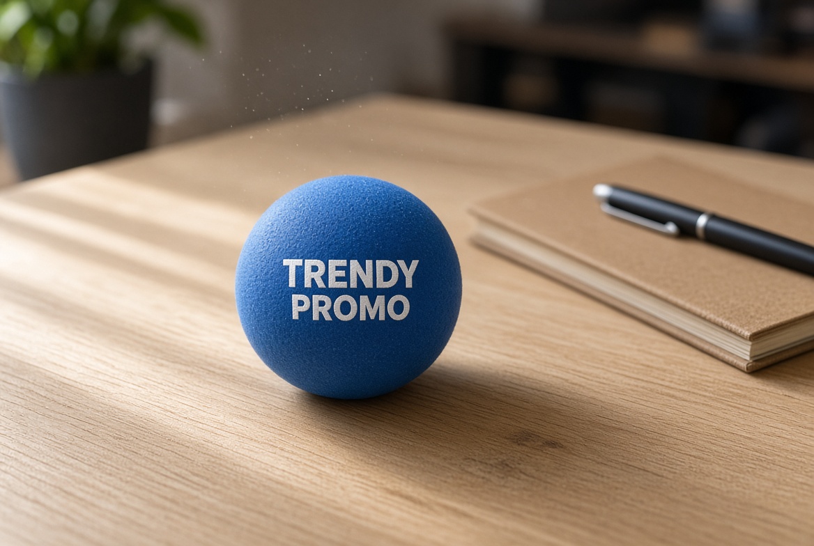 Round blue stress ball with a simple white logo on a desk beside a notebook and pen