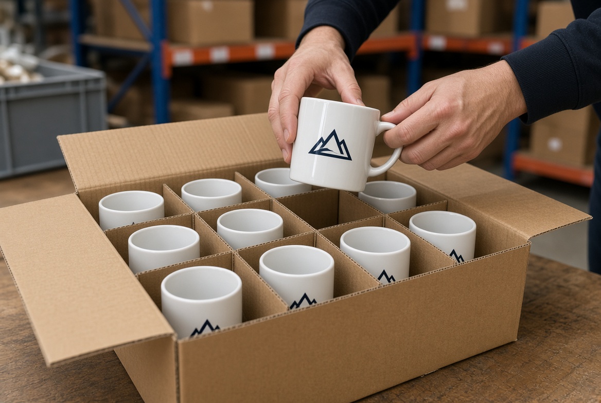 White, red, and blue ceramic coffee mugs with printed logos standing in a row
