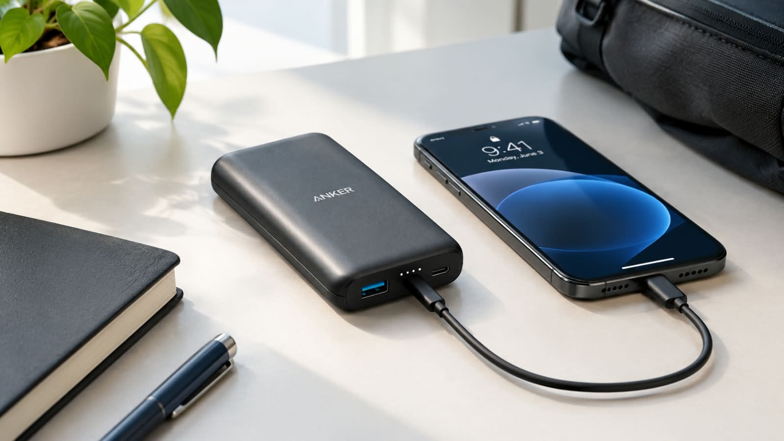 Branded portable power bank beside a smartphone on a modern workspace