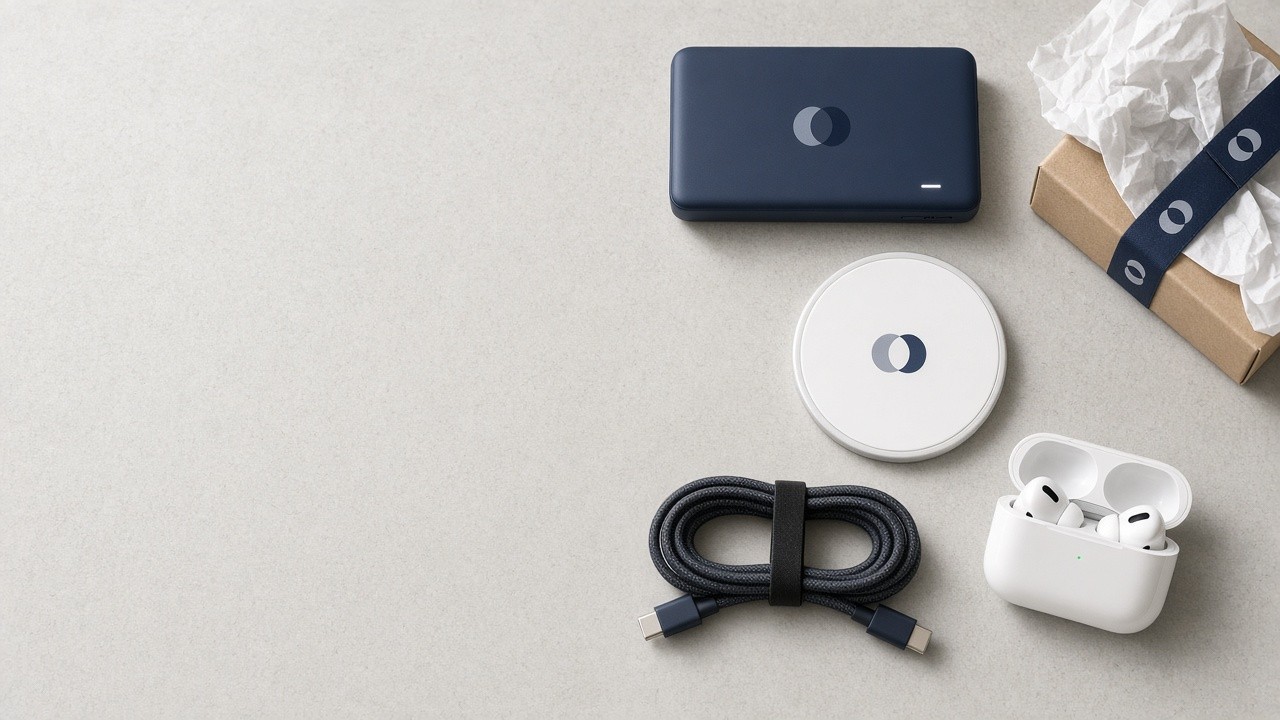 Branded tech gifts flat lay with a custom logo power bank, wireless charger, earbuds and charging cable