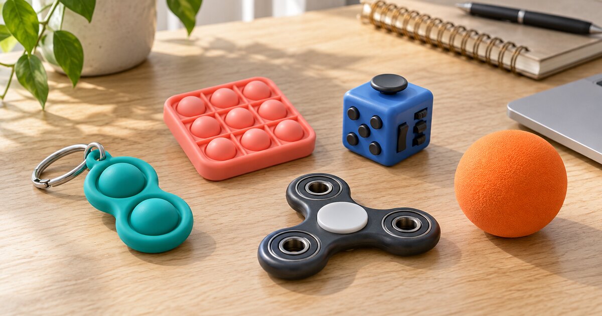 Teal push-pop keychain, coral bubble pad, charcoal spinner, blue fidget cube, and orange squeeze ball on a wood desk