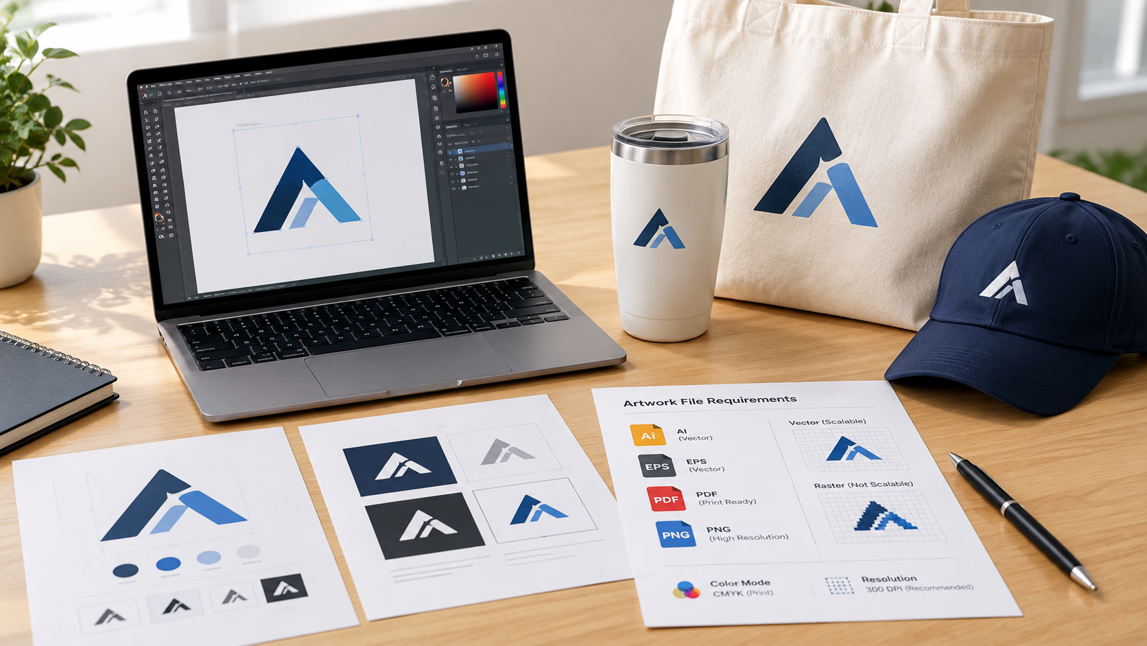 Artwork file requirements for promotional products, showing vector logo files, print-ready artwork, and branded merchandise.
