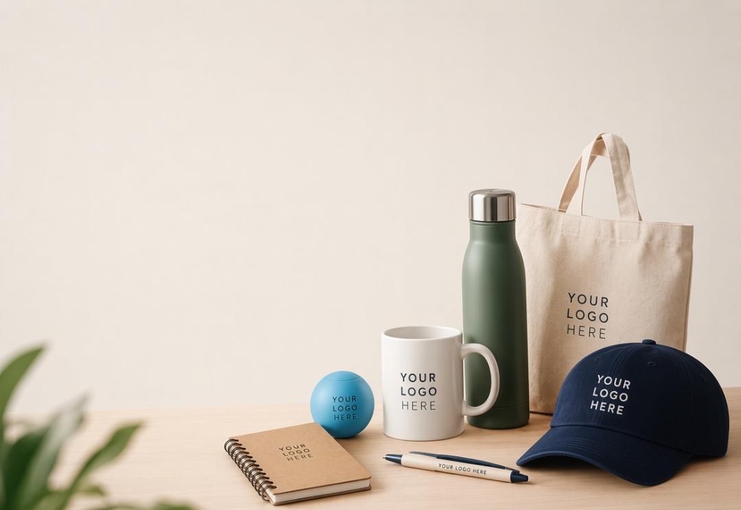 Assorted unwanted promotional products representing company swag mistakes