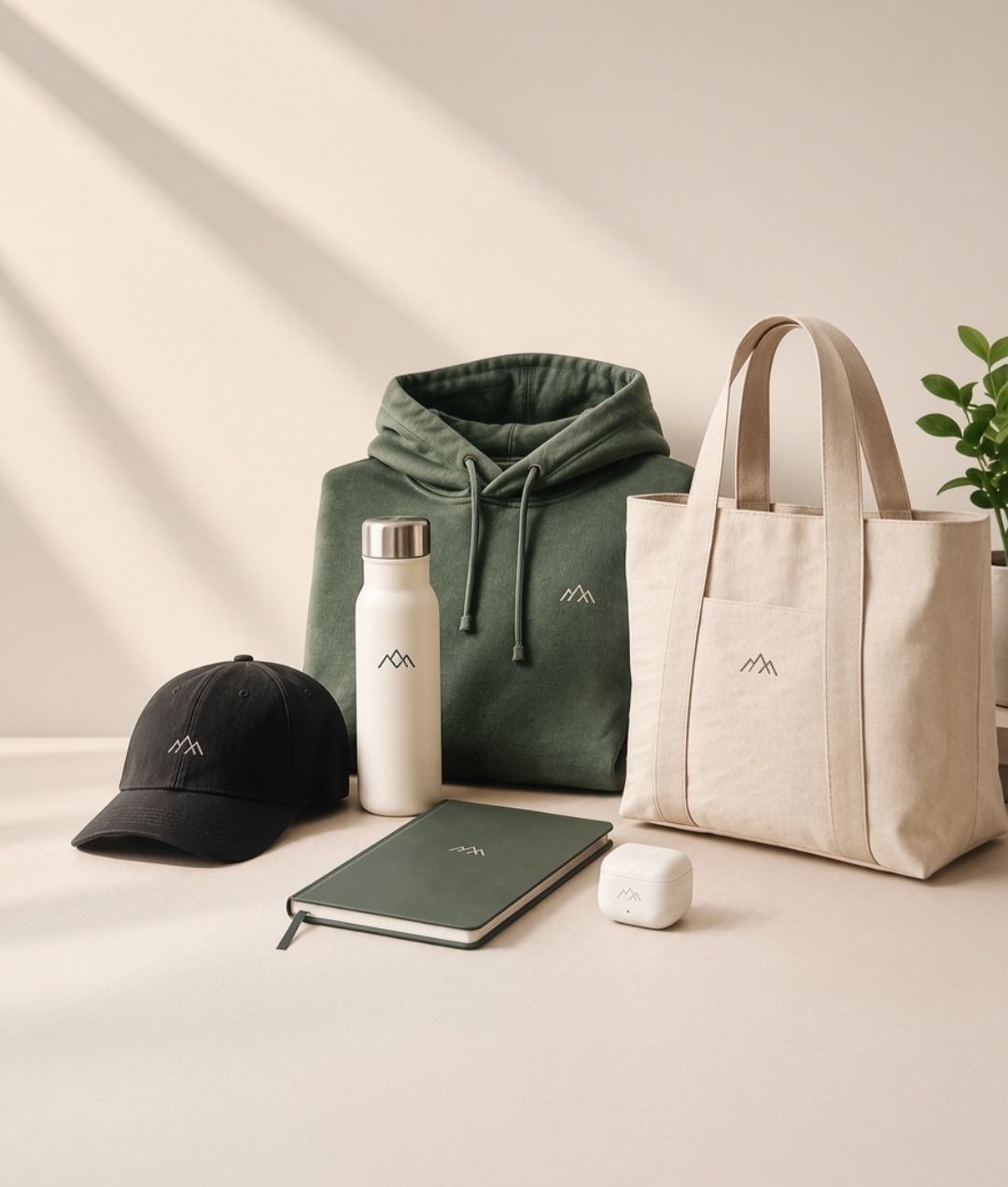 Modern branded merchandise including a neutral hoodie, stainless steel bottle, structured tote, and notebook with subtle logo placement