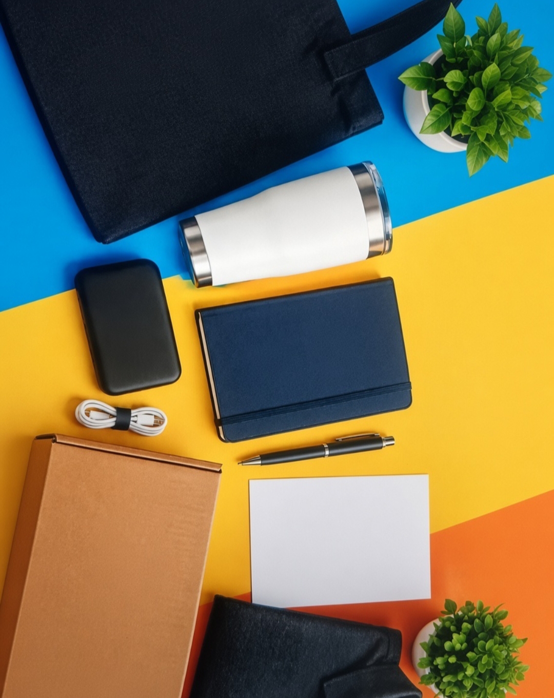Open employee welcome kit with a handwritten note, tumbler, notebook, and folded polo