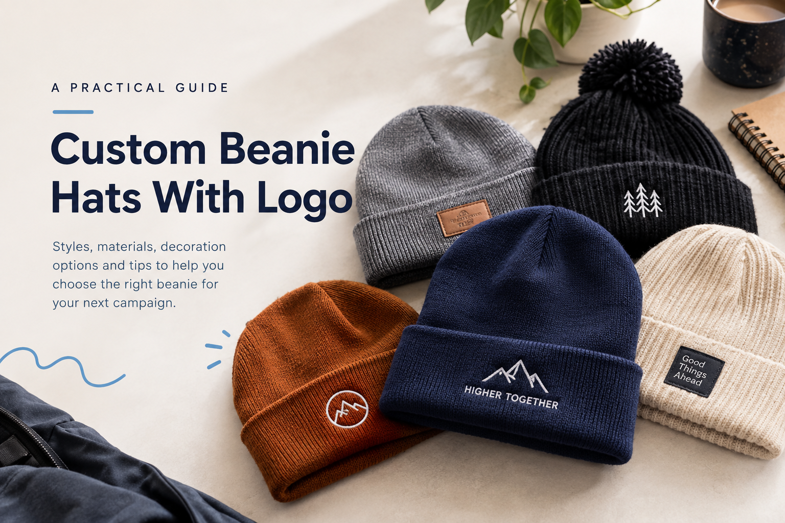 Custom beanie hats with embroidered logos in various colors, showcasing promotional winter headwear styles.