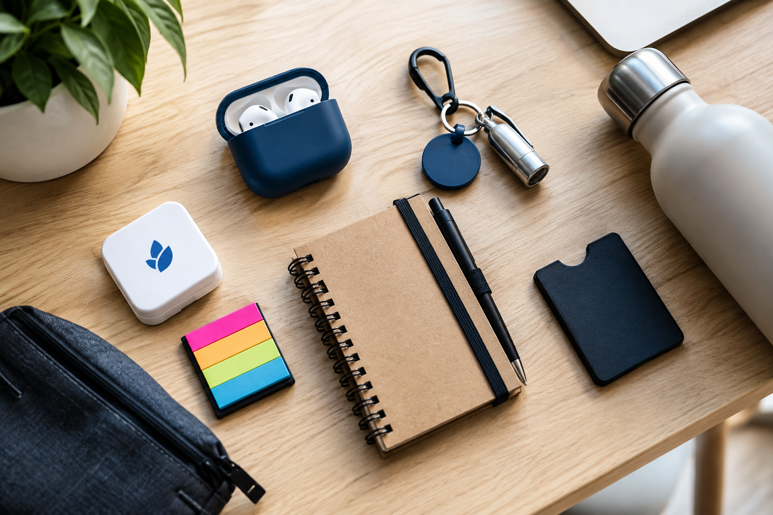 Realistic top-down flat lay of small branded promotional products including a notebook, pen, keychain, tech accessories, pouch, and reusable bottle on a modern wooden desk.