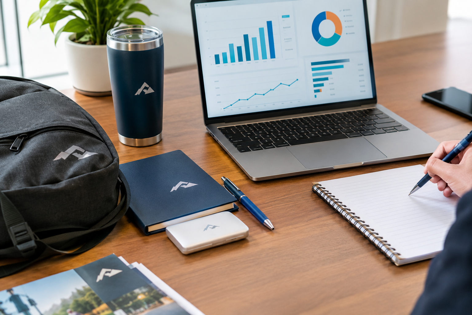 Promotional product ROI workspace with branded merchandise, laptop analytics dashboard, tumbler, notebook, backpack, and power bank on a modern office desk.